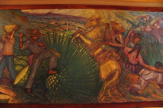 Painel na fábrica da José Cuervo, na cidade de Tequila, no México, mostra como é a colheita do agave